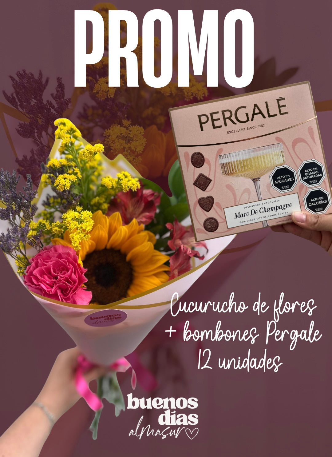 Cucurucho de flores + Bombones Pergale (12 unidades)